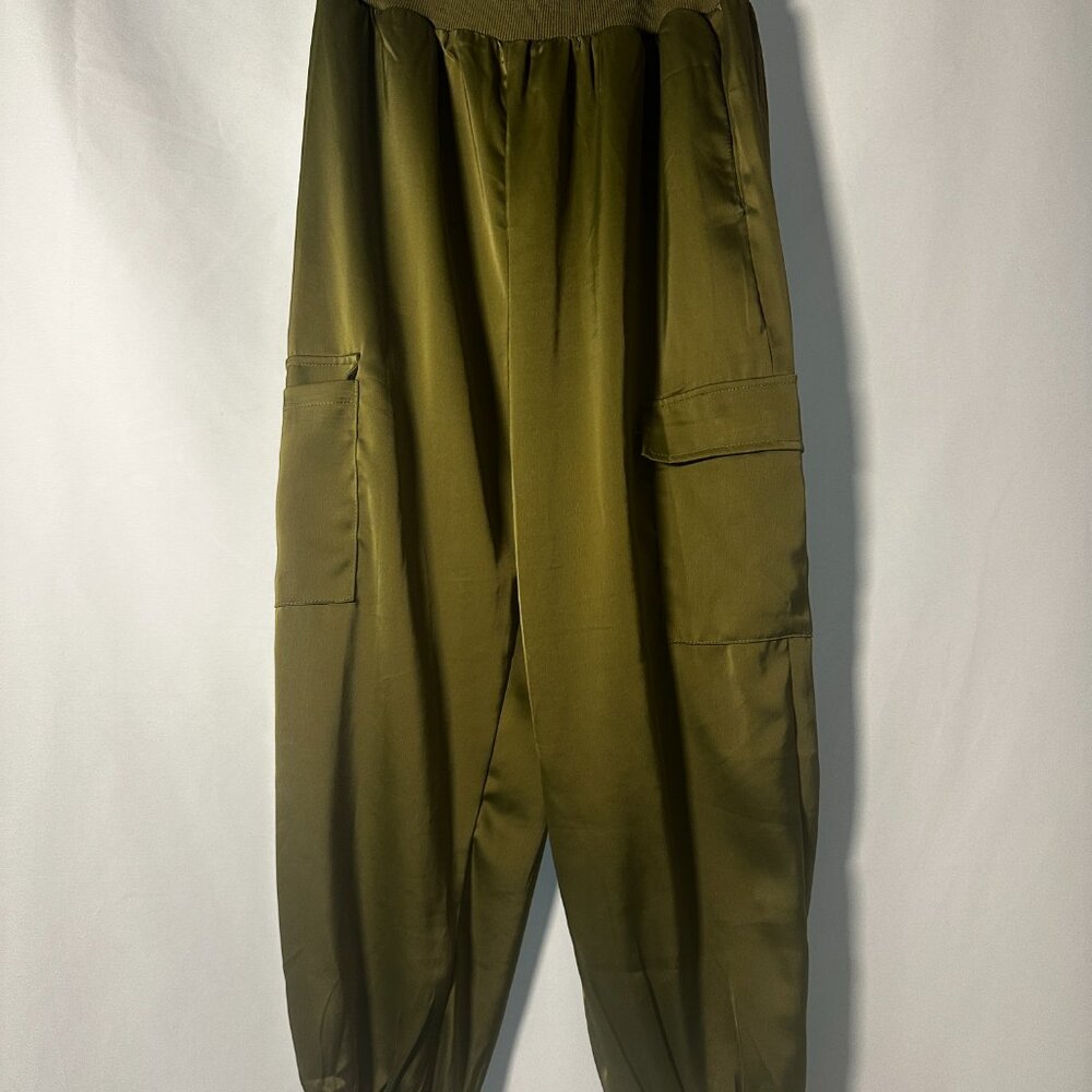 Olive Green Satin Cargo Jogger Pants Size S